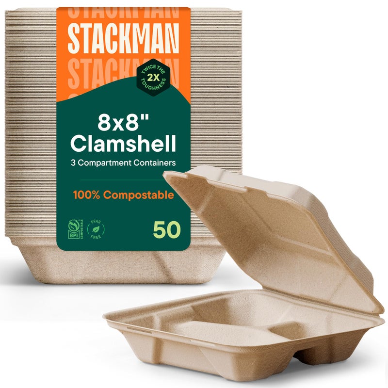 Stack Man 100% Compostable Clamshell Take Out Food Containers [8X8" 3-Compartment 50-Pack] Heavy-Duty Quality to go Containers, Natural Disposable Bagasse, Eco-Friendly Biodegradable Made of Sugar Cane Fibers - Image 1